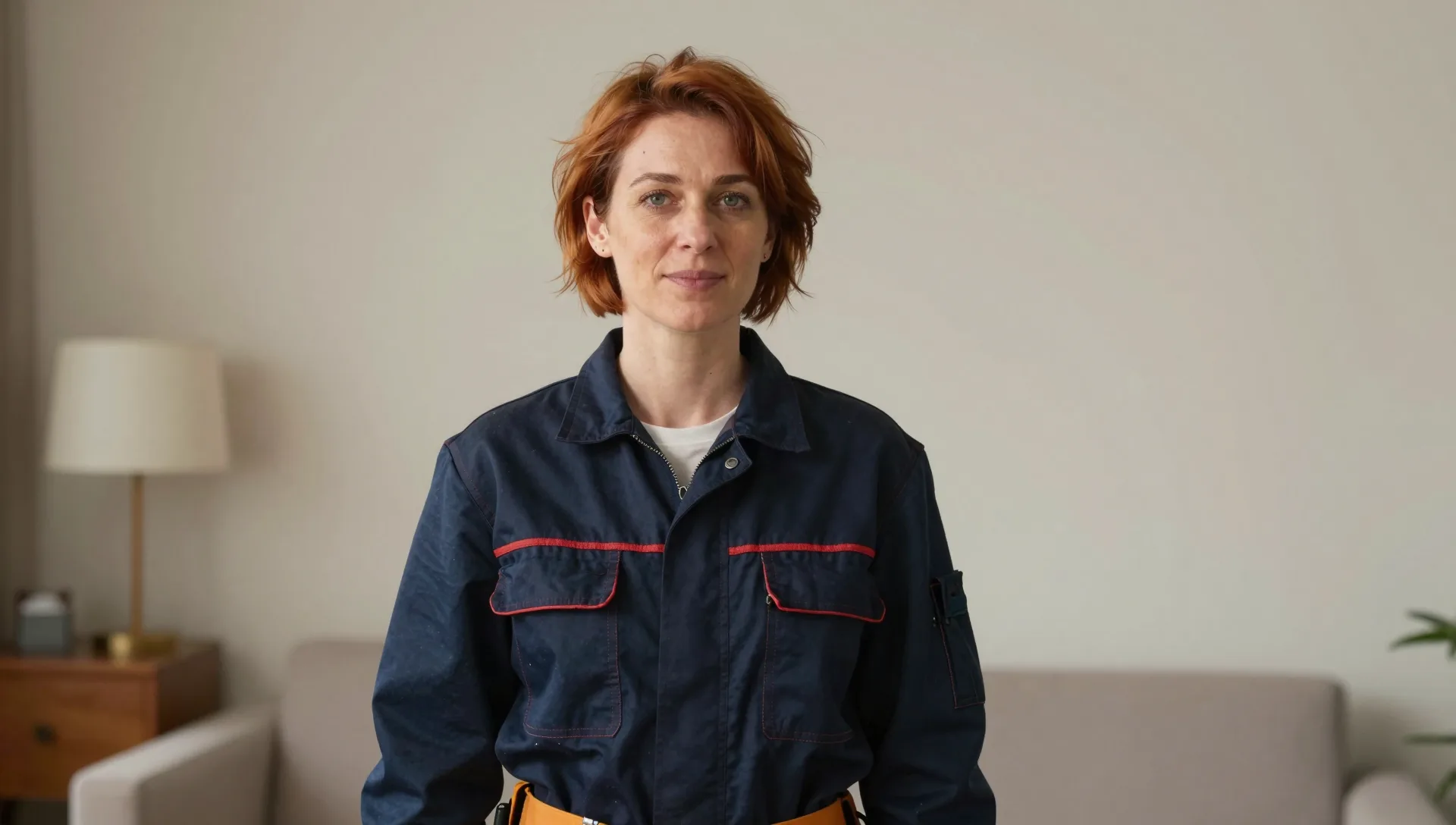 Elektrikerin mit kurzem rotbraunem Haar und Werkzeuggürtel steht in einem Wohnraum.