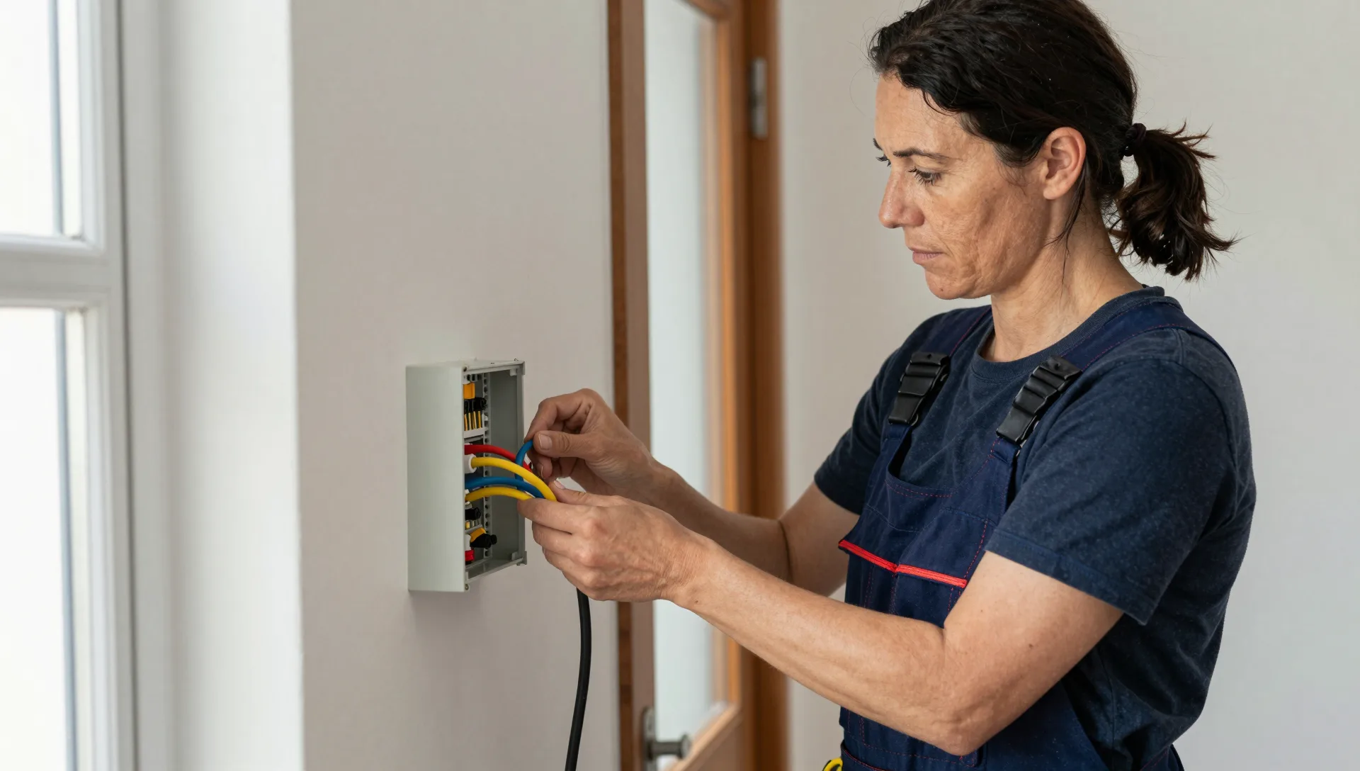 Elektriker verbindet Kabel in einer geöffneten Abzweigdose.