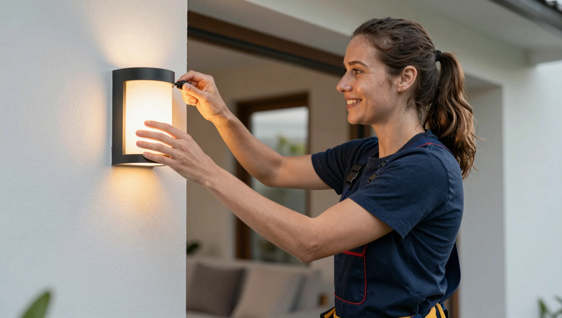 Elektrikerin montiert eine leuchtende Außenwandlampe an der Hausfassade