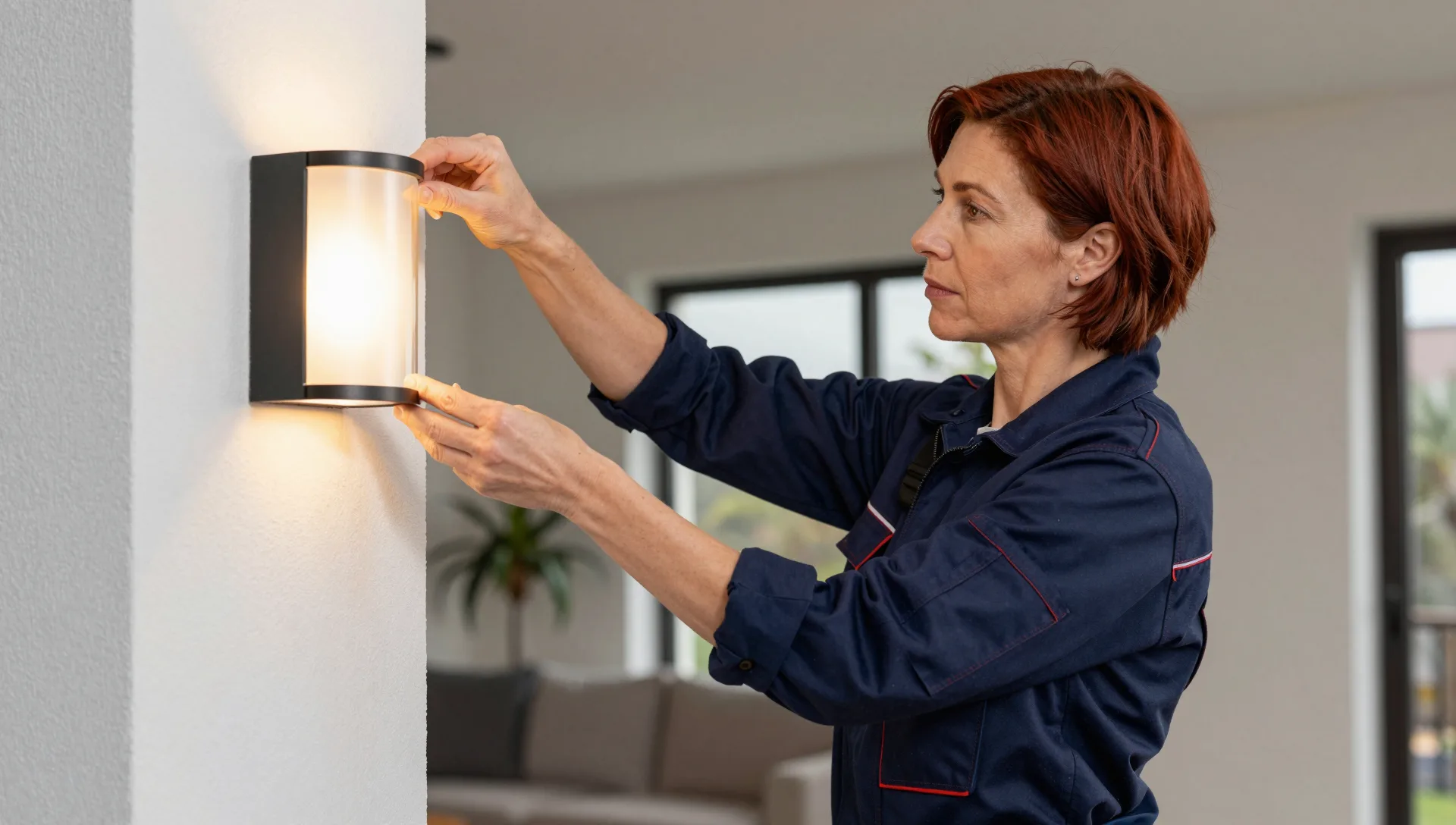 Elektrikerin montiert eine leuchtende Außenwandlampe neben einer Fensterfront