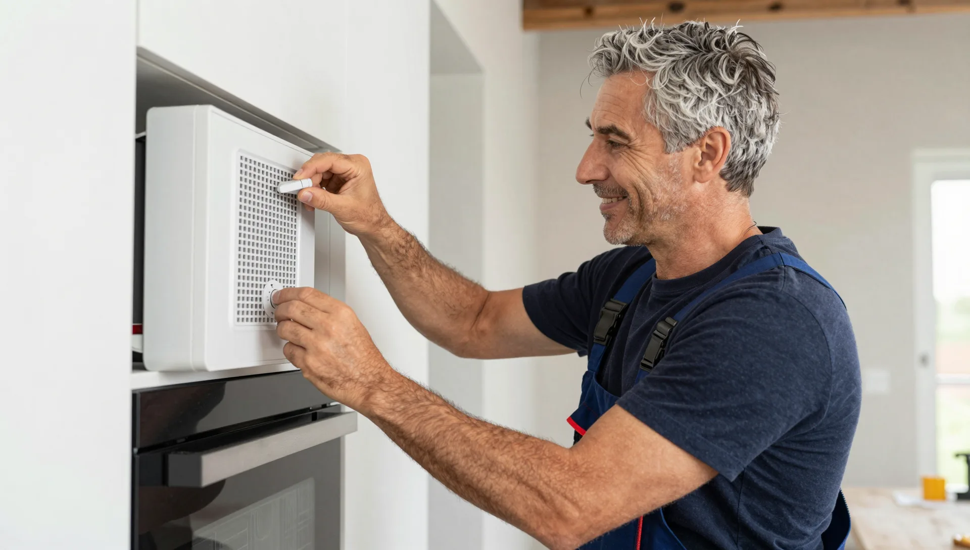 Elektriker justiert das Bedienelement eines Einbaugeräts über einem Backofen