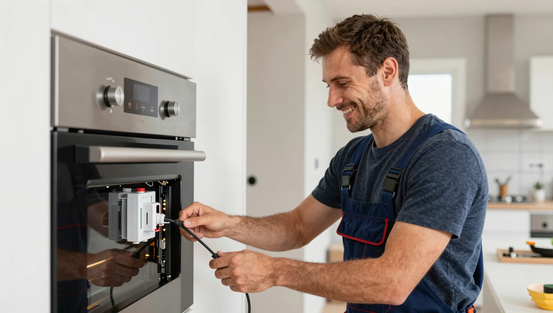 Elektriker steckt ein Anschlusskabel an das Steuermodul eines eingebauten Backofens
