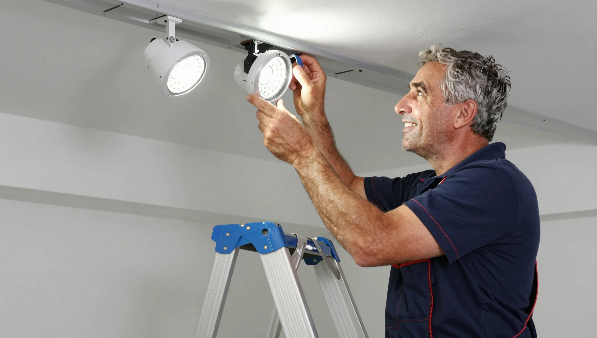 Elektriker montiert LED-Spots an einer Zimmerdecke
