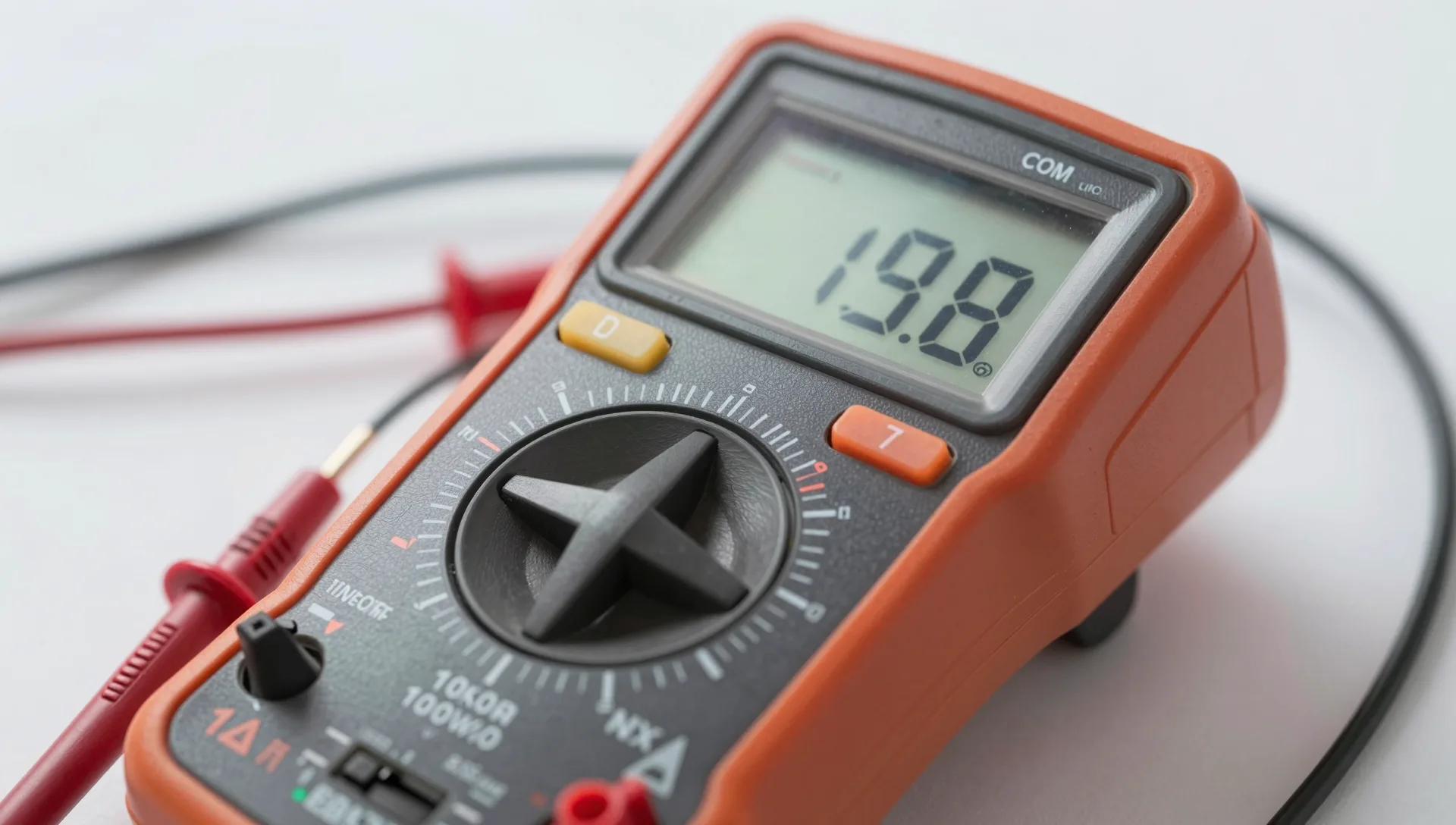 Nahaufnahme eines digitalen Multimeters mit Messwertanzeige auf dem Display.