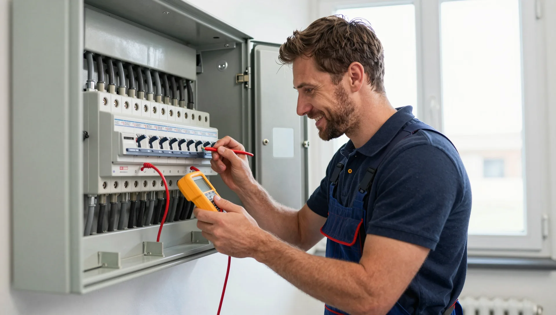 Elektriker misst mit einem gelben Multimeter die Werte im offenen Sicherungskasten