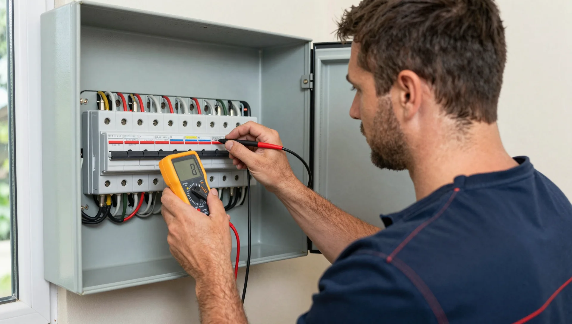 Elektriker prüft mit einem Messgerät den Fehlerstromschutz im Sicherungskasten.