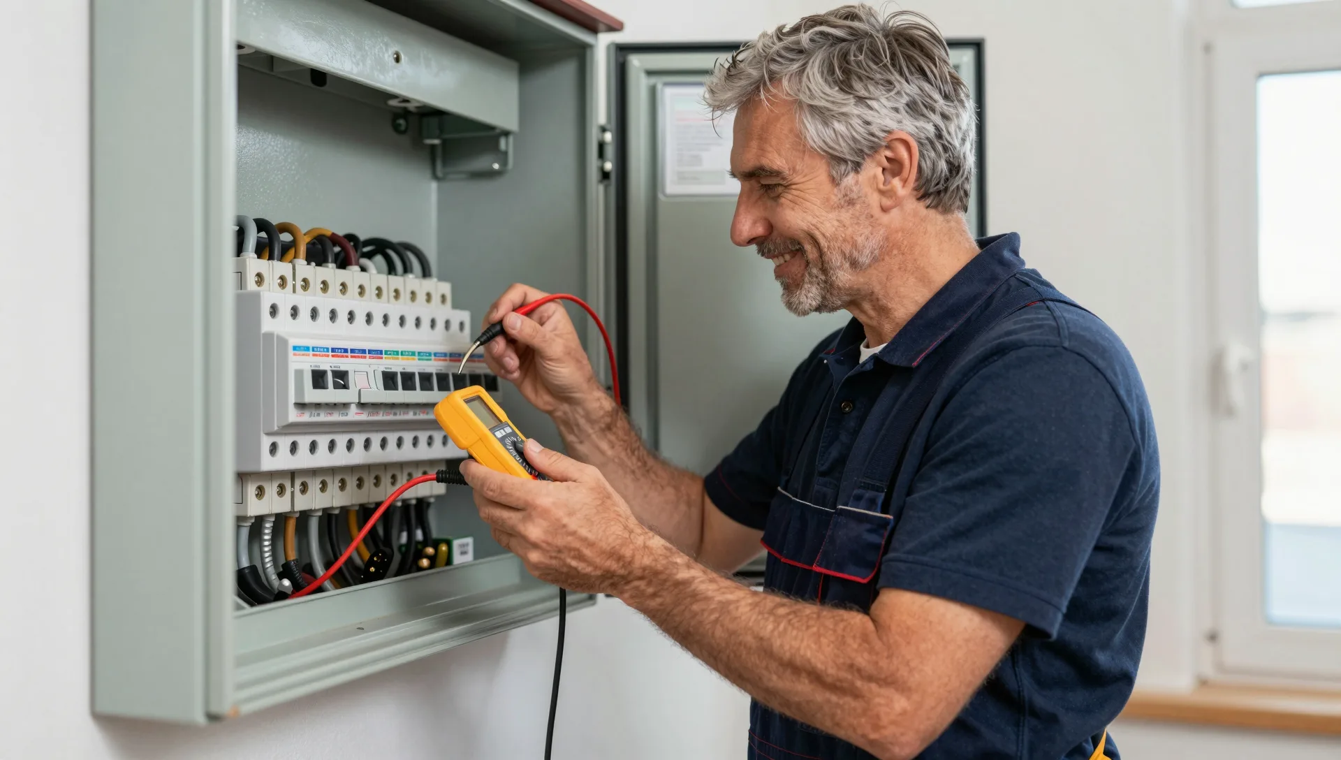 Elektriker führt eine Messung am geöffneten Sicherungskasten durch.