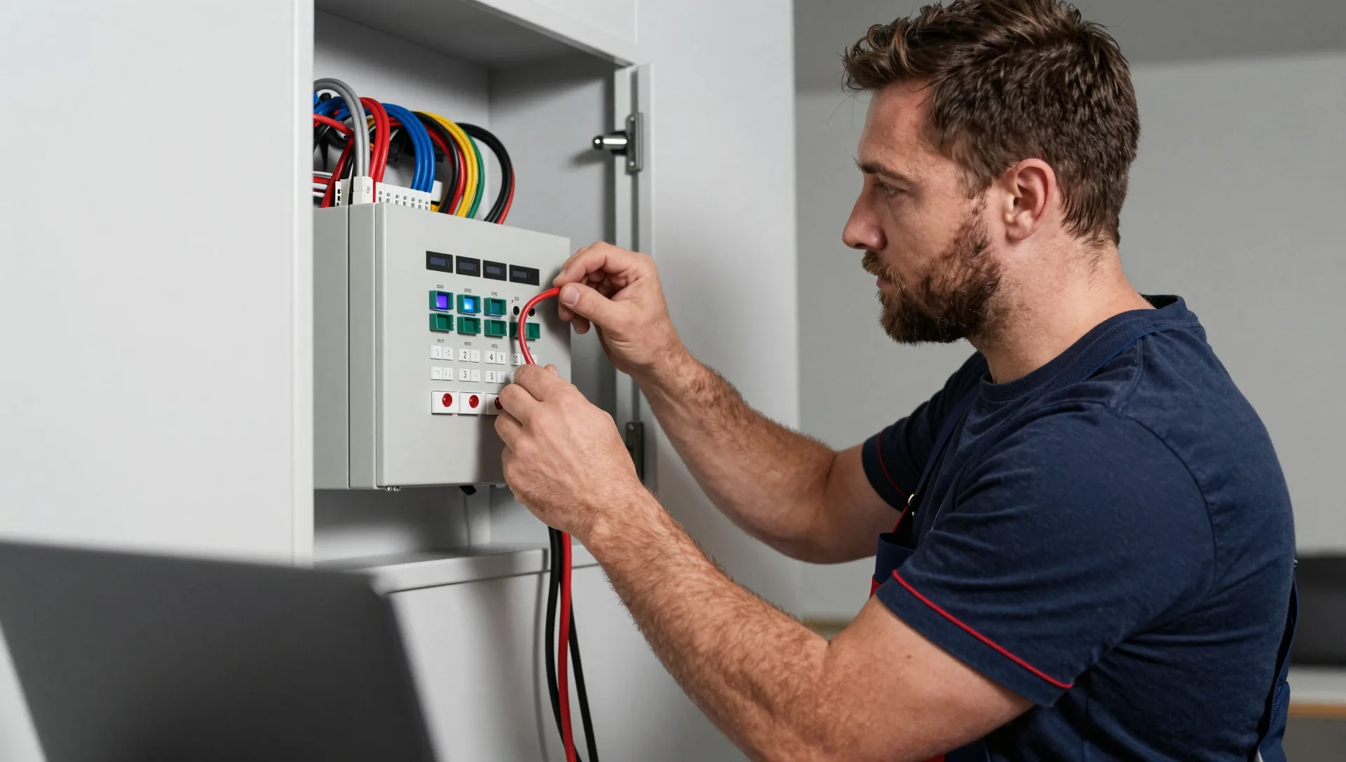Elektriker verkabelt ein KNX-Panel mit bunten Anschlussklemmen in einer Wandnische