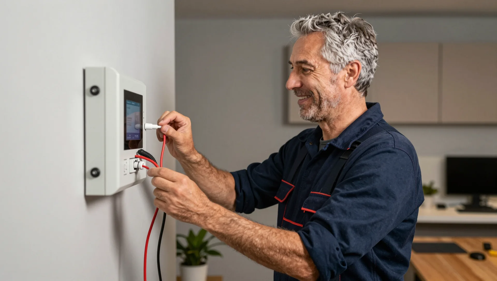 Elektriker schließt rote und schwarze Kabel an ein Smart-Home-Bedienpanel an der Wand an