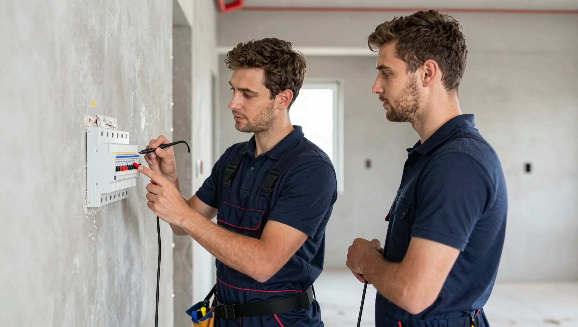 Zwei Elektriker prüfen gemeinsam die Spannung an einem Sicherungskasten im Rohbau