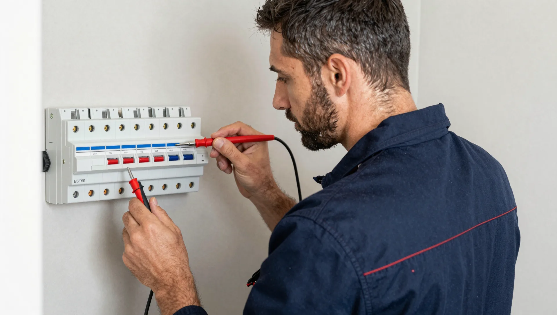 Elektriker prüft mit einem Zweipol-Spannungsprüfer die Sicherungsautomaten im Verteiler