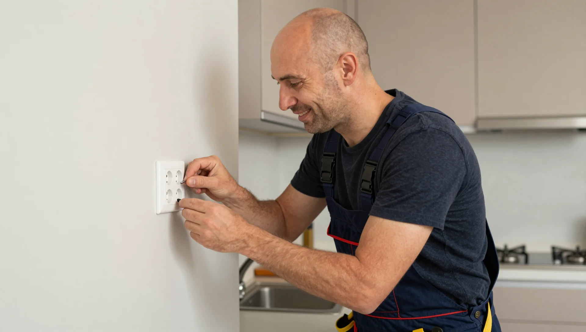 Elektriker installiert eine Steckdose an der Wand einer Küche