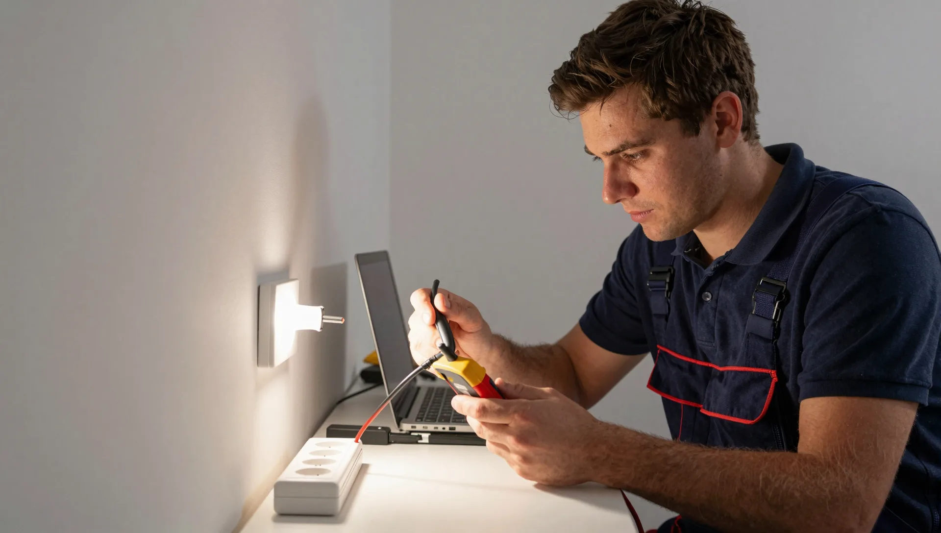 Elektriker prüft mit einem Messgerät die Spannung an einer beleuchteten Wandsteckdose.