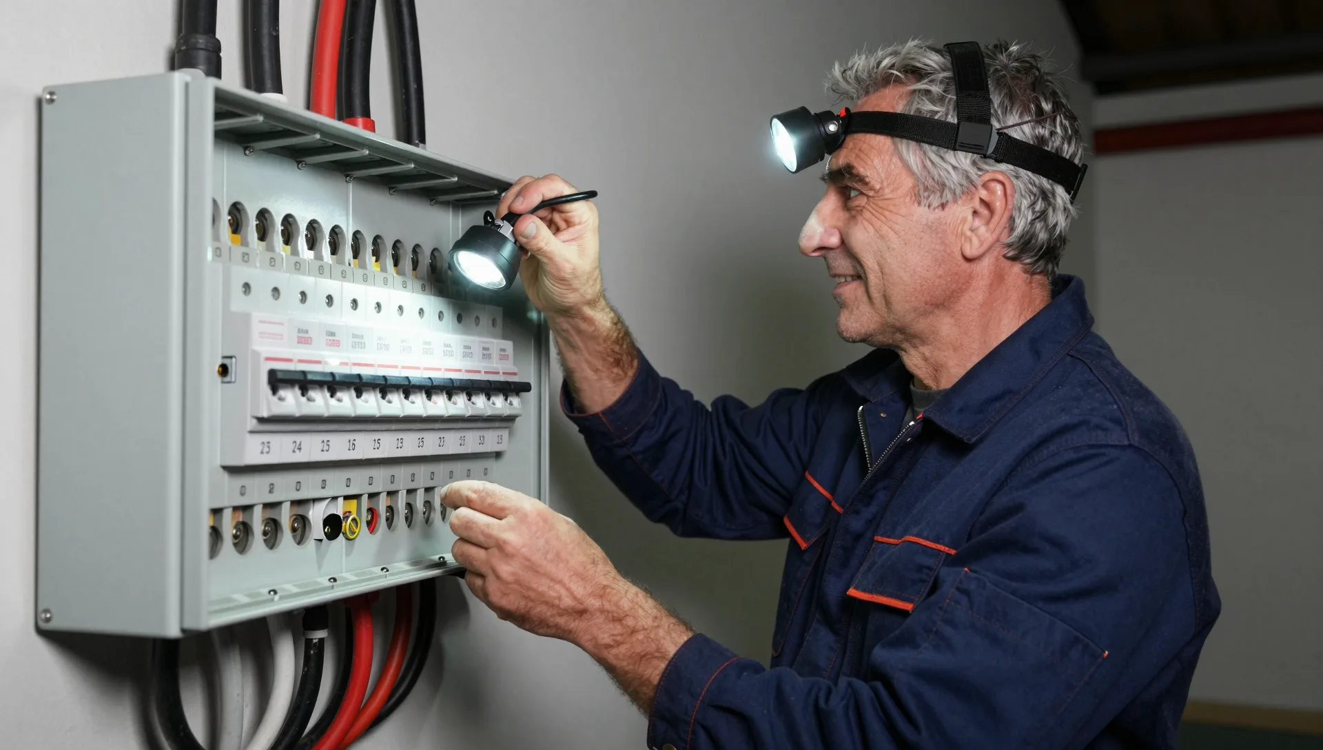 Elektriker leuchtet mit Stirnlampe und Taschenlampe in den offenen Sicherungskasten