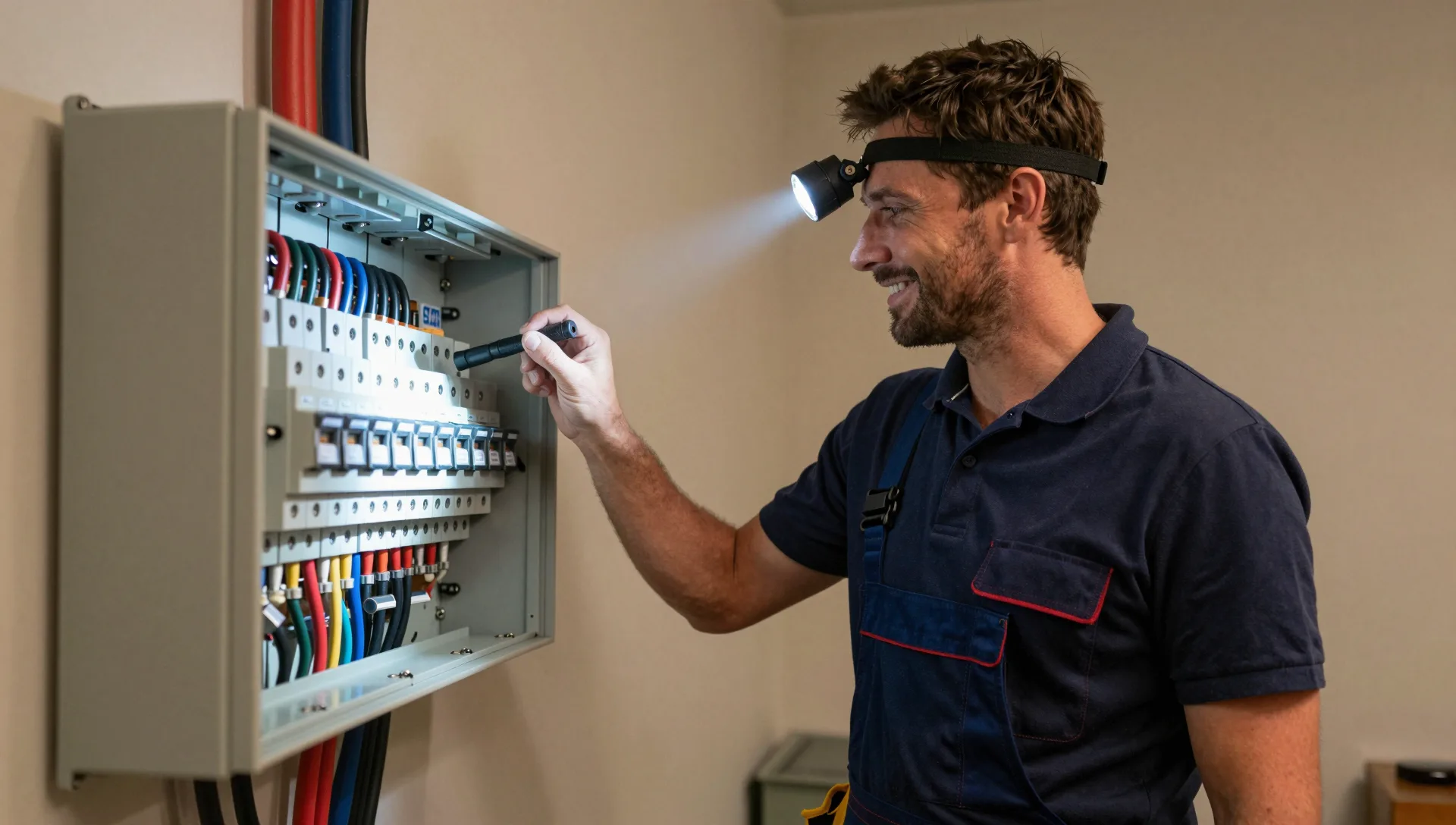 Elektriker beleuchtet mit Stirnlampe und Taschenlampe die Verkabelung im offenen Sicherungskasten