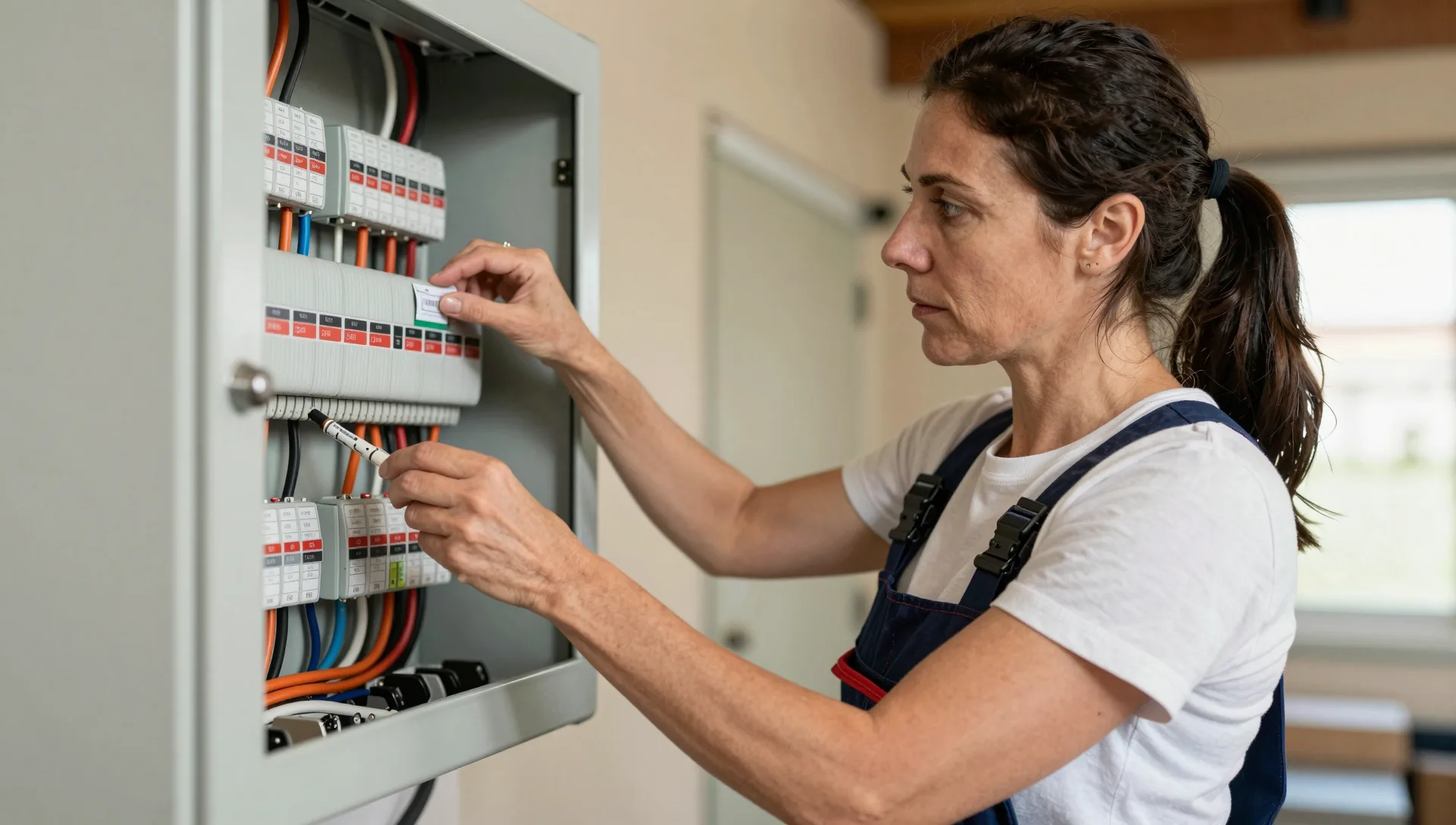 Elektriker beschriftet die Stromkreise im Verteilerschrank.