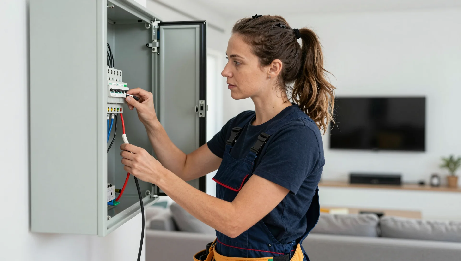 Elektrikerin verkabelt rote und blaue Leitungen im geöffneten Verteilerschrank