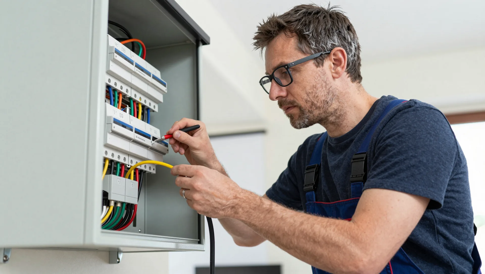 Elektriker verkabelt bunte Leitungen im geöffneten Verteilerschrank