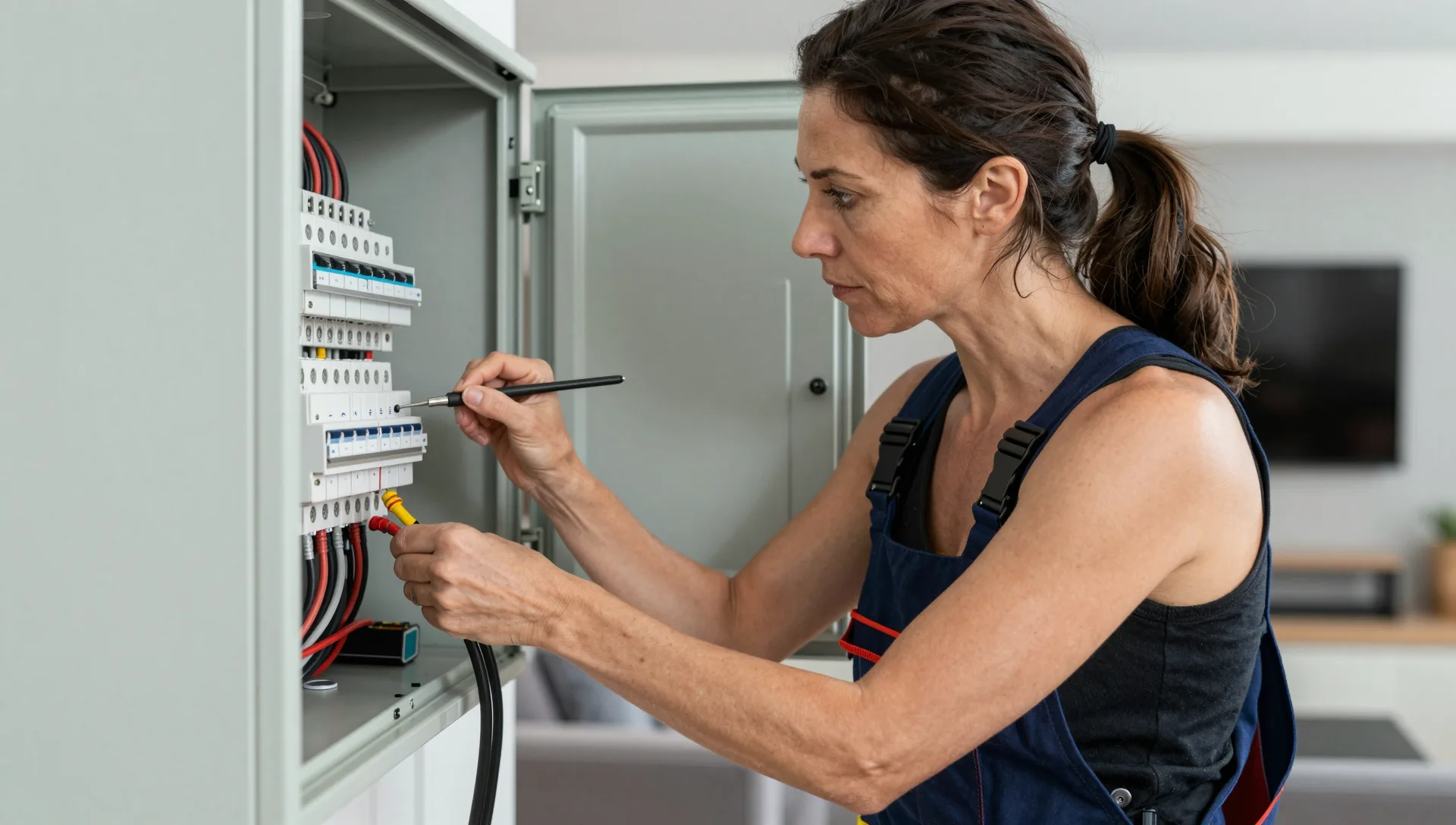 Elektriker arbeitet an der offenen Verkabelung eines Verteilerschranks.