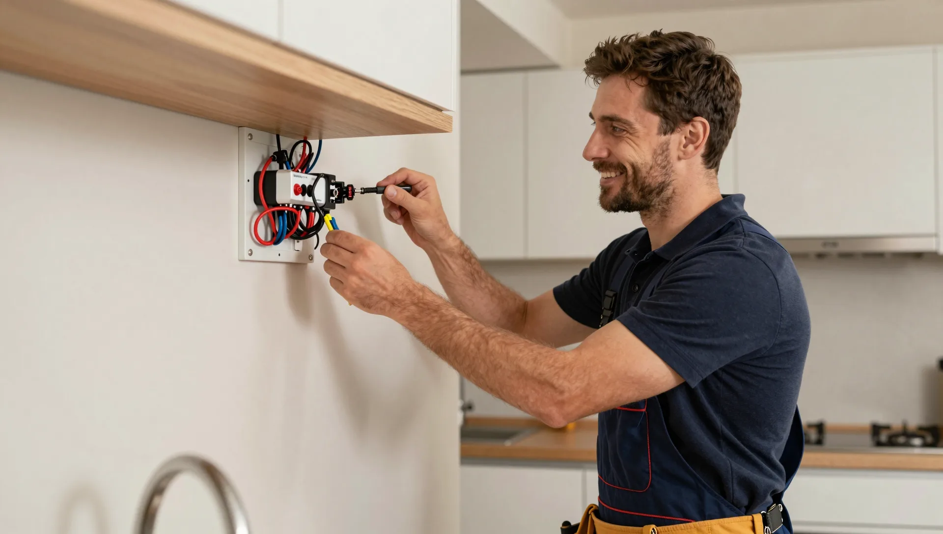 Elektriker verbindet farbige Kabel an einer Anschlussdose unter einem Küchenschrank