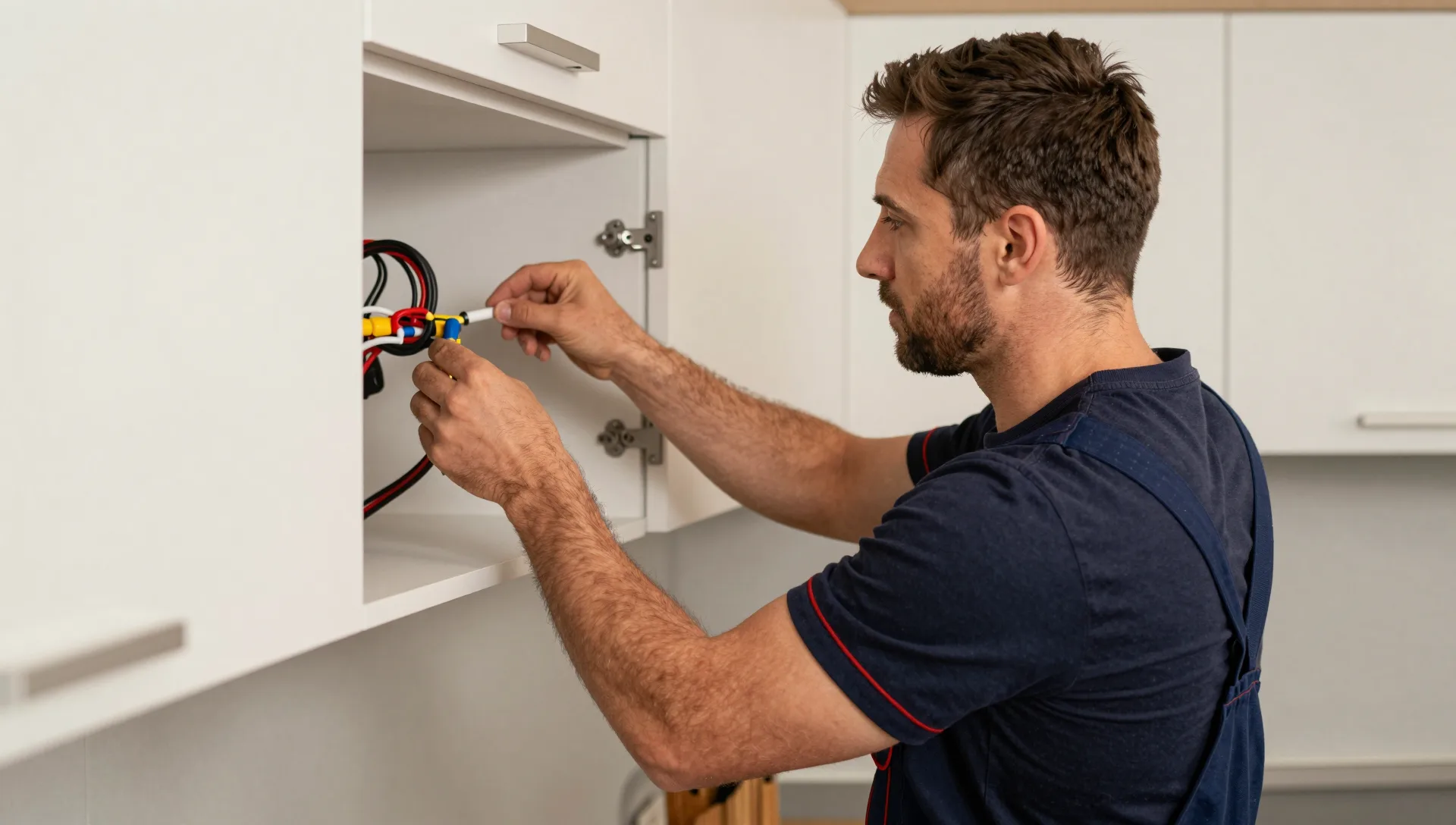 Elektriker verbindet Kabelstecker in einem geöffneten Wandschrank