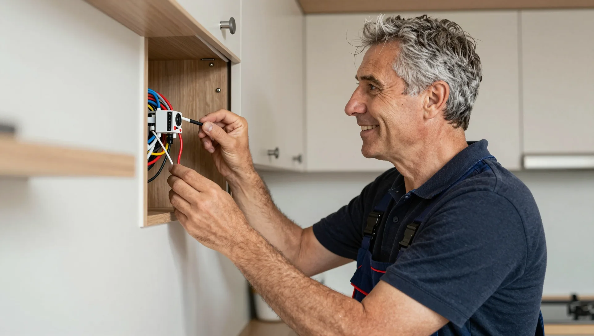 Elektriker begutachtet sichtbare Kabelführung an einer Wand.