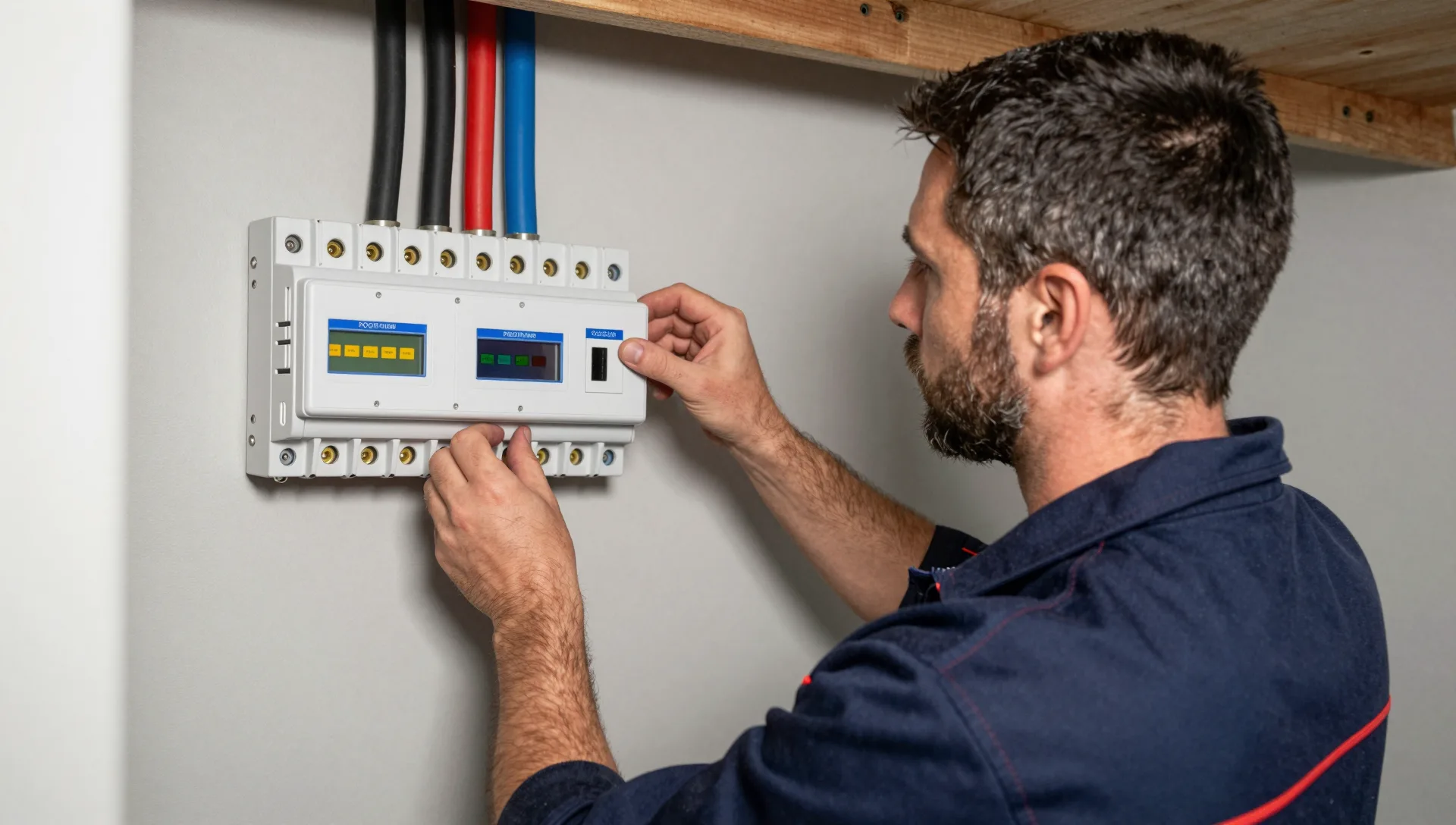 Elektriker montiert ein digitales Zählerpaneel mit zwei Displays an der Wand