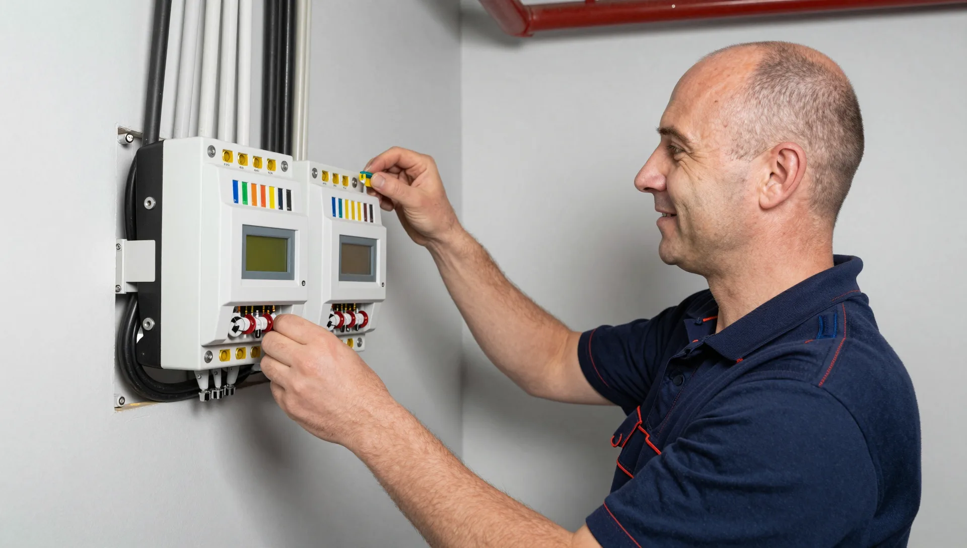 Elektriker bringt eine farbige Kennzeichnung an einem digitalen Zählerpaneel an